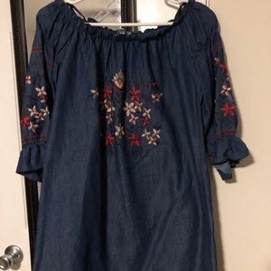 Denim Off Shoulder Embroidered Dress